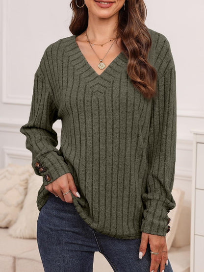 Ribbed V - Neck Long Sleeve Shirt - TayDiane