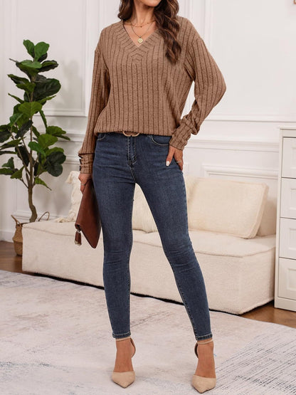 Ribbed V - Neck Long Sleeve Shirt - TayDiane