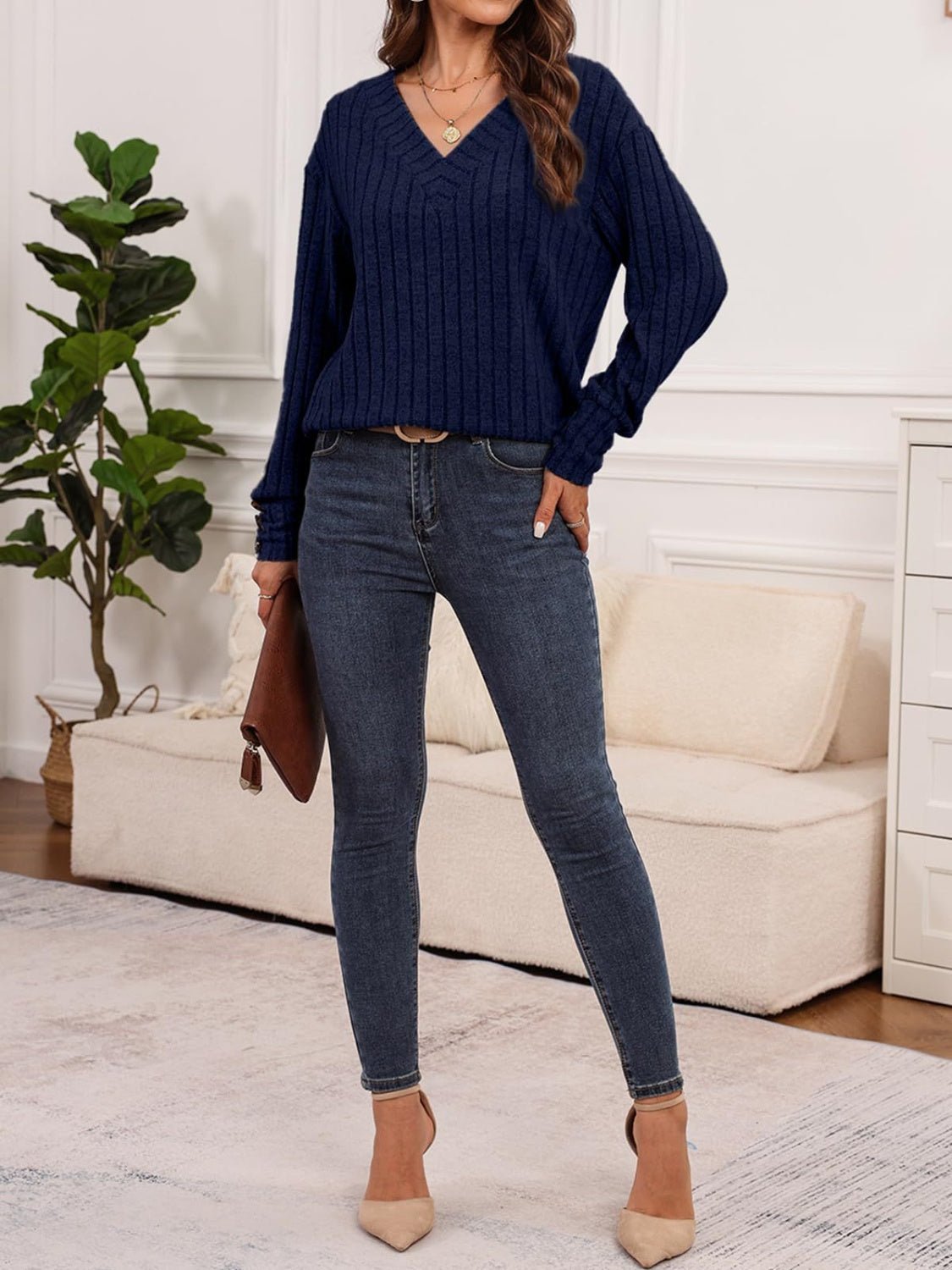 Ribbed V - Neck Long Sleeve Shirt - TayDiane