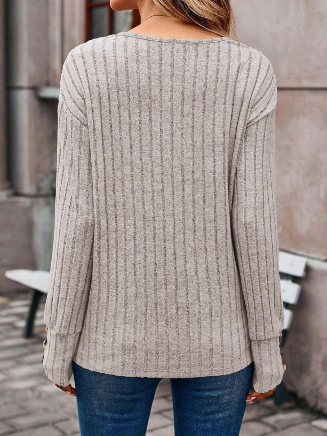 Ribbed V - Neck Long Sleeve Shirt - TayDiane