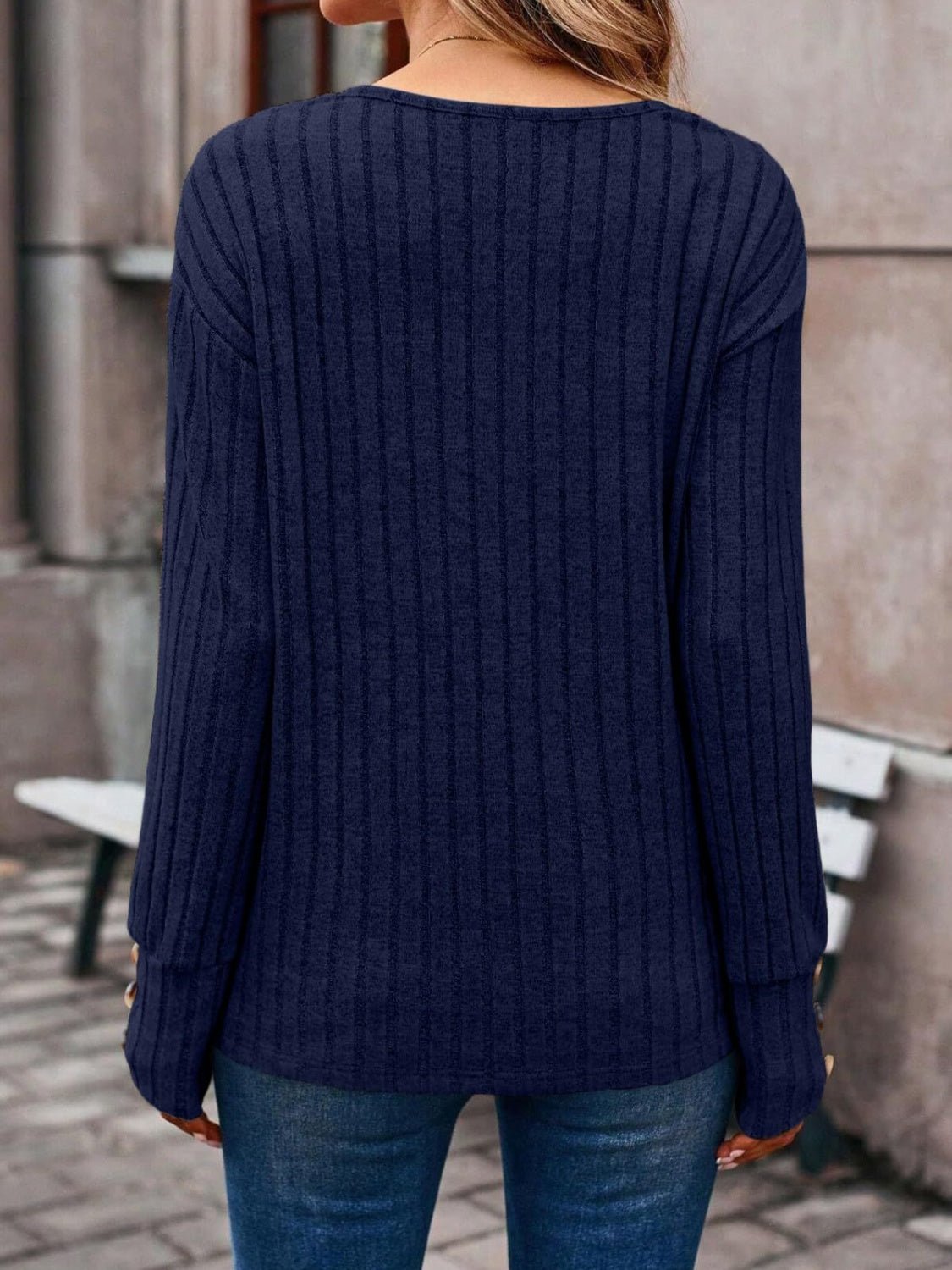 Ribbed V - Neck Long Sleeve Shirt - TayDiane