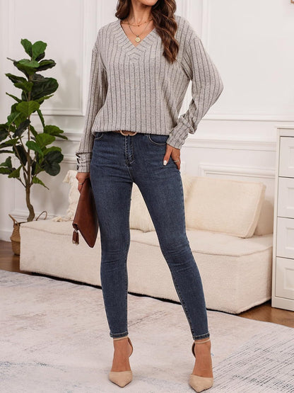 Ribbed V - Neck Long Sleeve Shirt - TayDiane