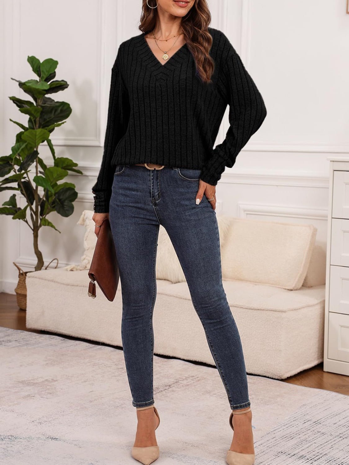 Ribbed V - Neck Long Sleeve Shirt - TayDiane