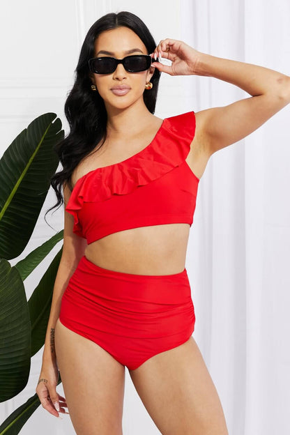 Romance Ruffle One - Shoulder Bikini in Red - TayDiane