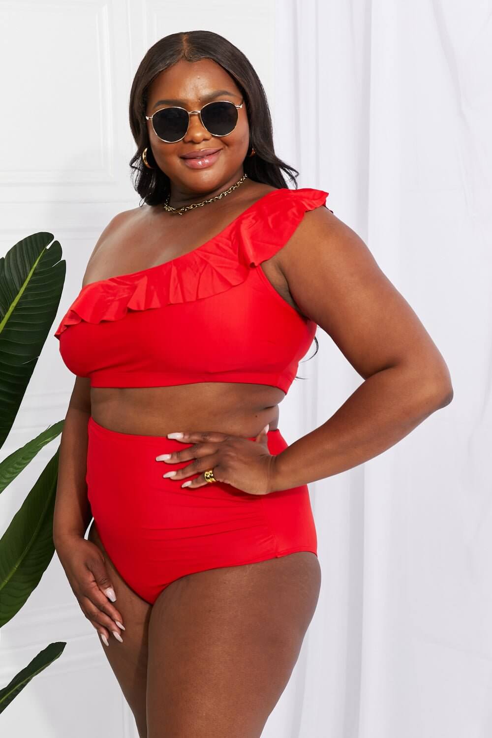 Romance Ruffle One - Shoulder Bikini in Red - TayDiane