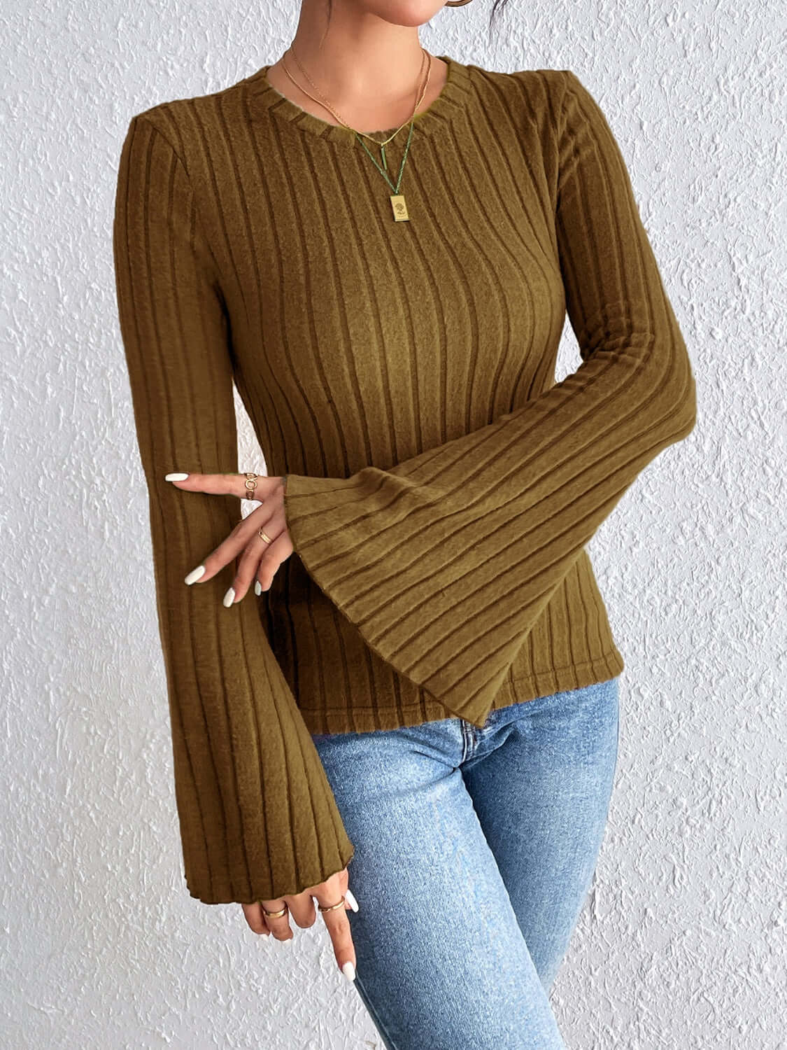 Round Neck Flare Sleeve Shirt - TayDiane