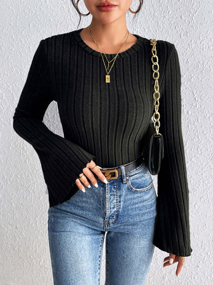 Round Neck Flare Sleeve Shirt - TayDiane