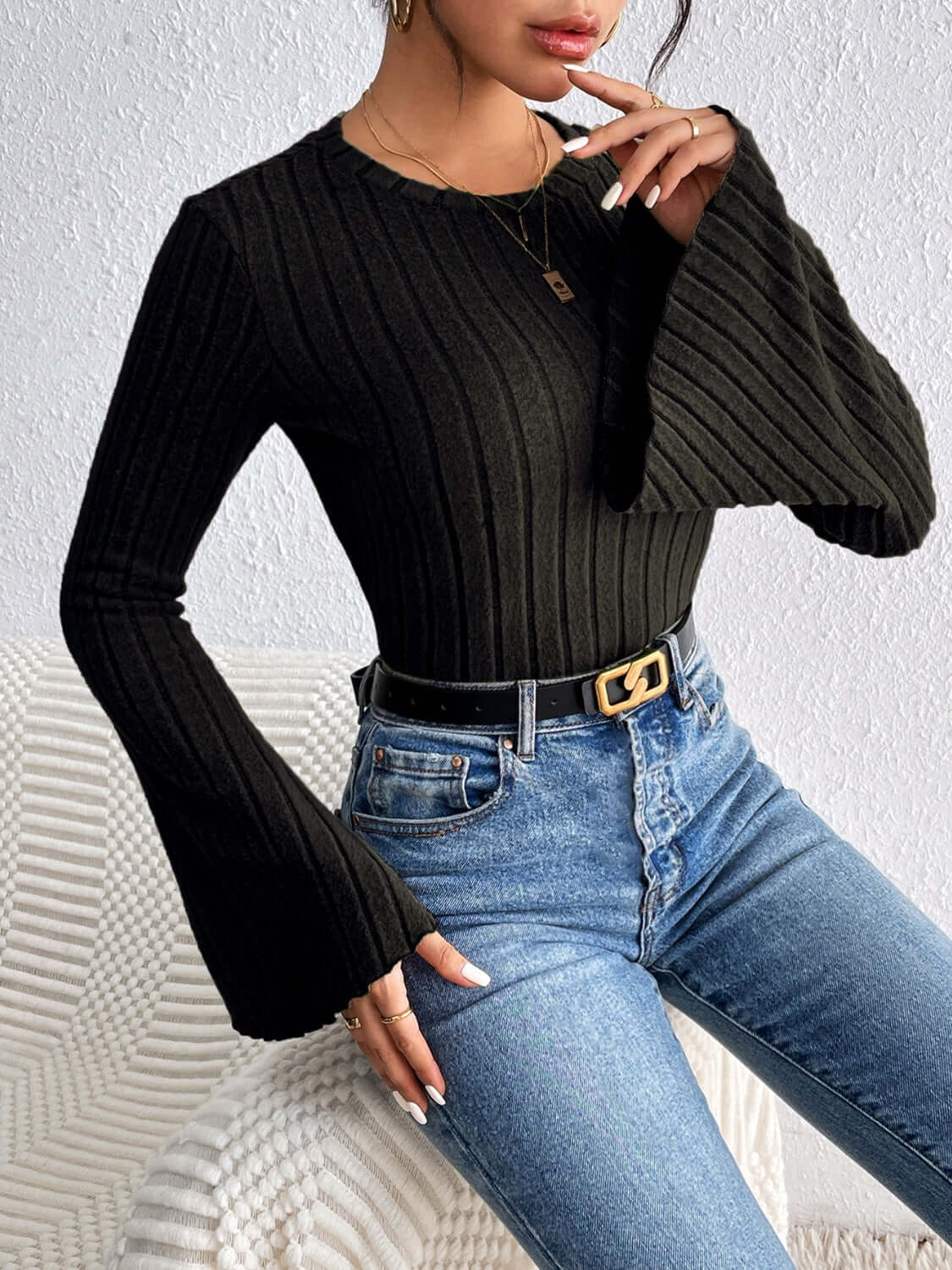 Round Neck Flare Sleeve Shirt - TayDiane