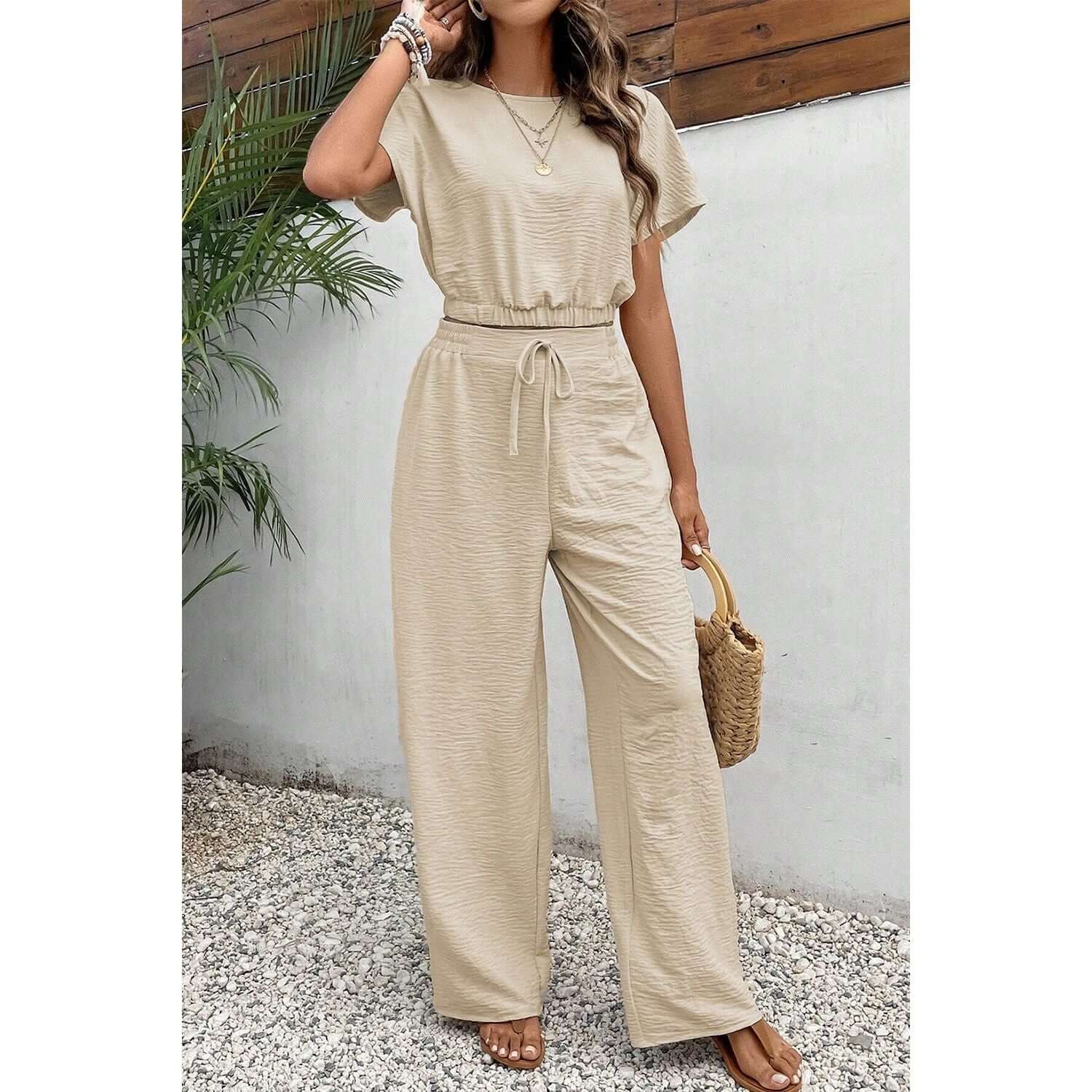 Round Neck Short Sleeve Top and Pants Set - TayDiane