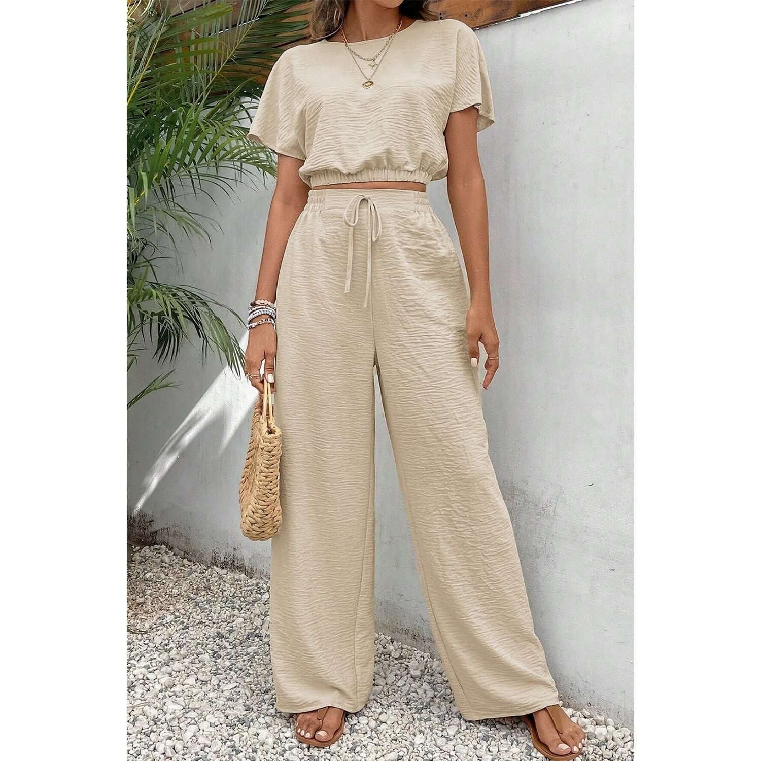 Round Neck Short Sleeve Top and Pants Set - TayDiane