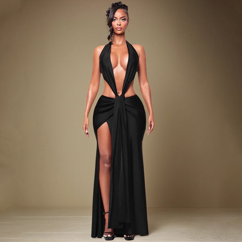 Ruched Cutout Halter Maxi Dress - Taydiane