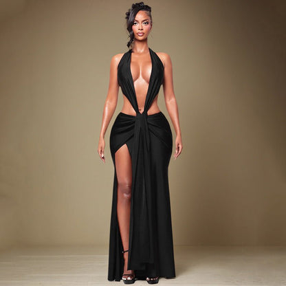Ruched Cutout Halter Maxi Dress - Taydiane