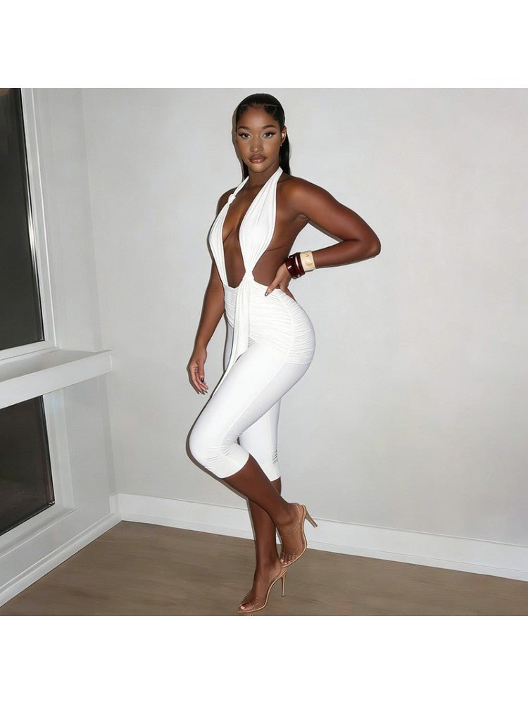 Ruched Knot Halter Backless Capri Romper - Taydiane