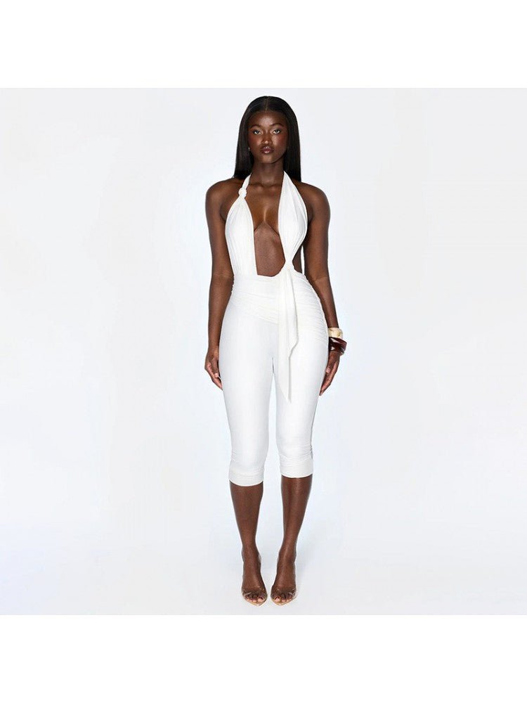 Ruched Knot Halter Backless Capri Romper - Taydiane