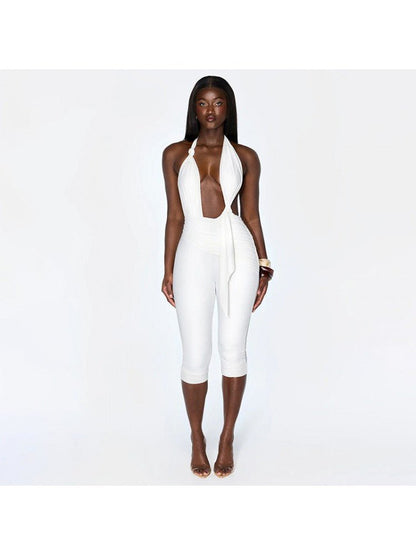 Ruched Knot Halter Backless Capri Romper - Taydiane