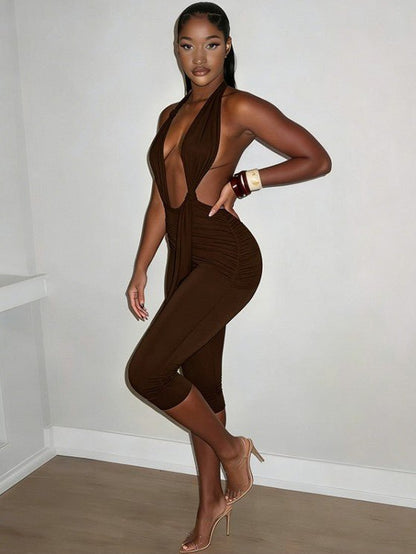 Ruched Knot Halter Backless Capri Romper - Taydiane