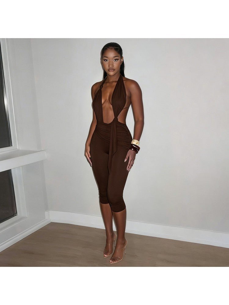Ruched Knot Halter Backless Capri Romper - Taydiane