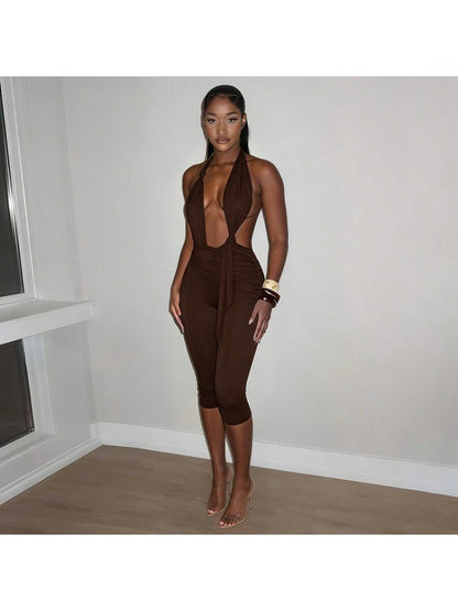 Ruched Knot Halter Backless Capri Romper - Taydiane