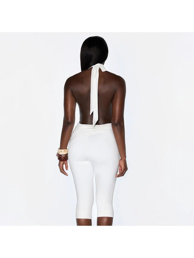 Ruched Knot Halter Backless Capri Romper - Taydiane