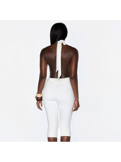 Ruched Knot Halter Backless Capri Romper - Taydiane