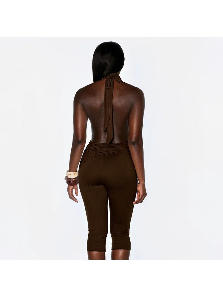 Ruched Knot Halter Backless Capri Romper - Taydiane