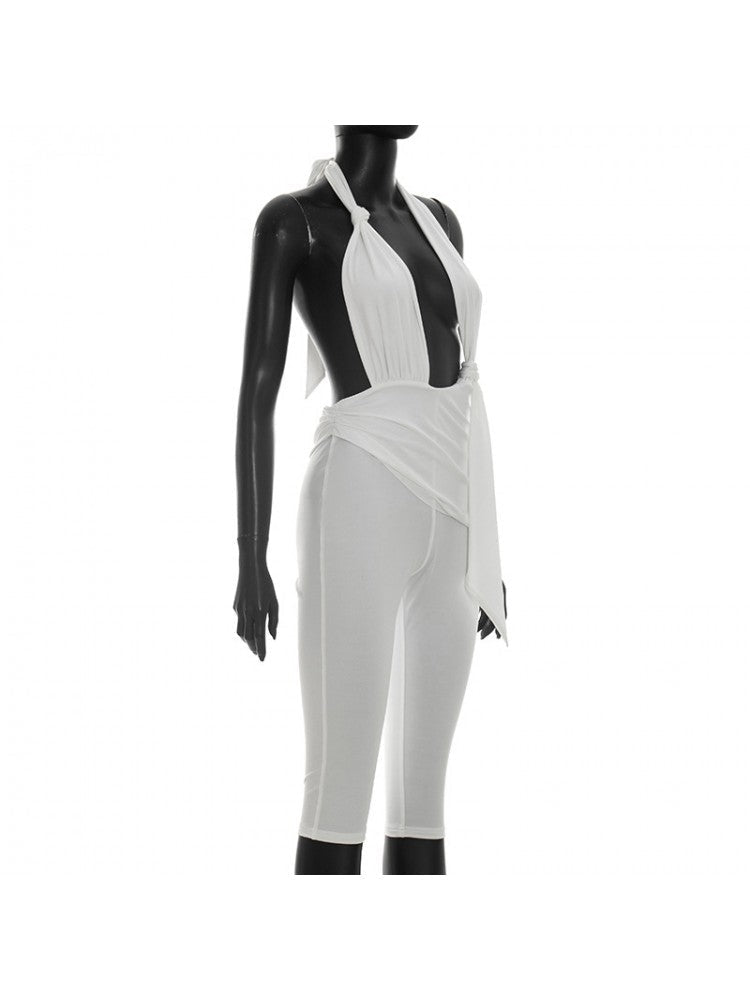 Ruched Knot Halter Backless Capri Romper - Taydiane