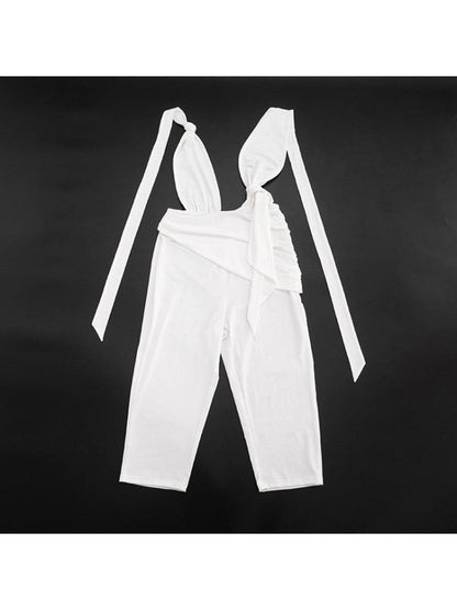 Ruched Knot Halter Backless Capri Romper - Taydiane