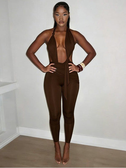 Ruched Knot Halter Backless Capri Romper - Taydiane