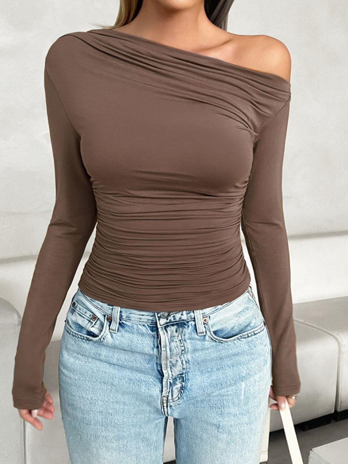 Ruched One Shoulder Long Sleeve Top - TayDiane