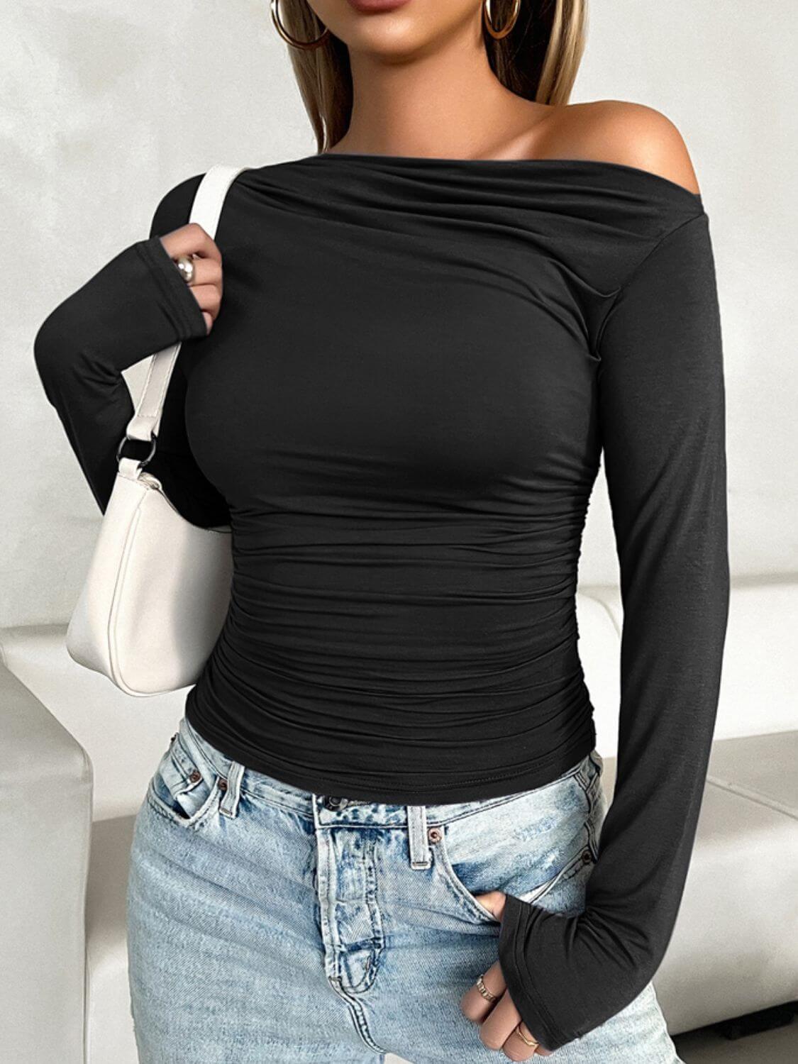 Ruched One Shoulder Long Sleeve Top - TayDiane