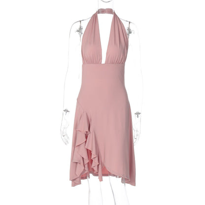 Ruffle Halter Asymmetrical Spring Dress - Taydiane