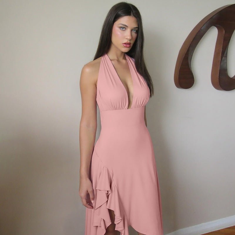 Ruffle Halter Asymmetrical Spring Dress - Taydiane