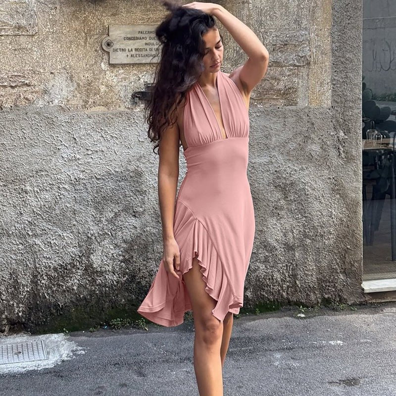 Ruffle Halter Asymmetrical Spring Dress - Taydiane