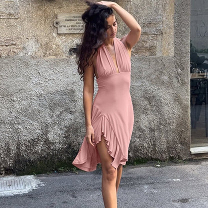 Ruffle Halter Asymmetrical Spring Dress - Taydiane
