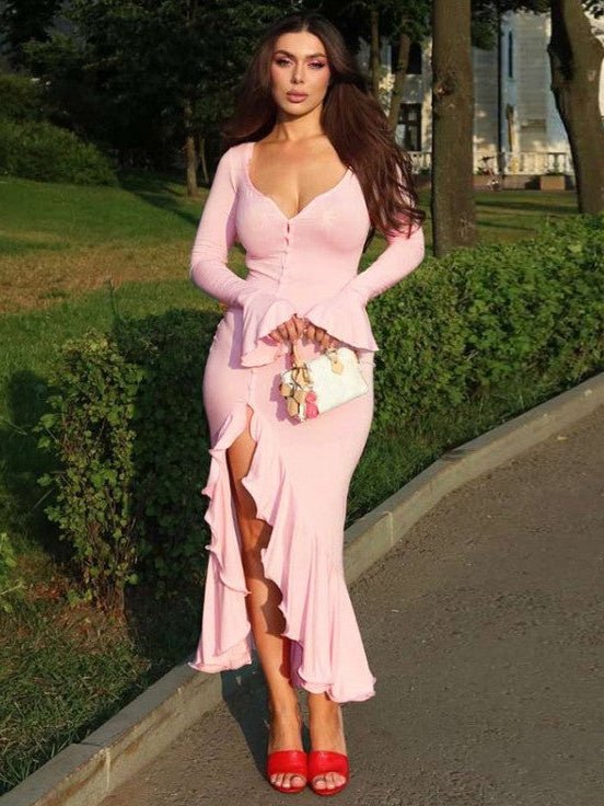 Ruffle Sleeve Split Hem Maxi Dress - Taydiane