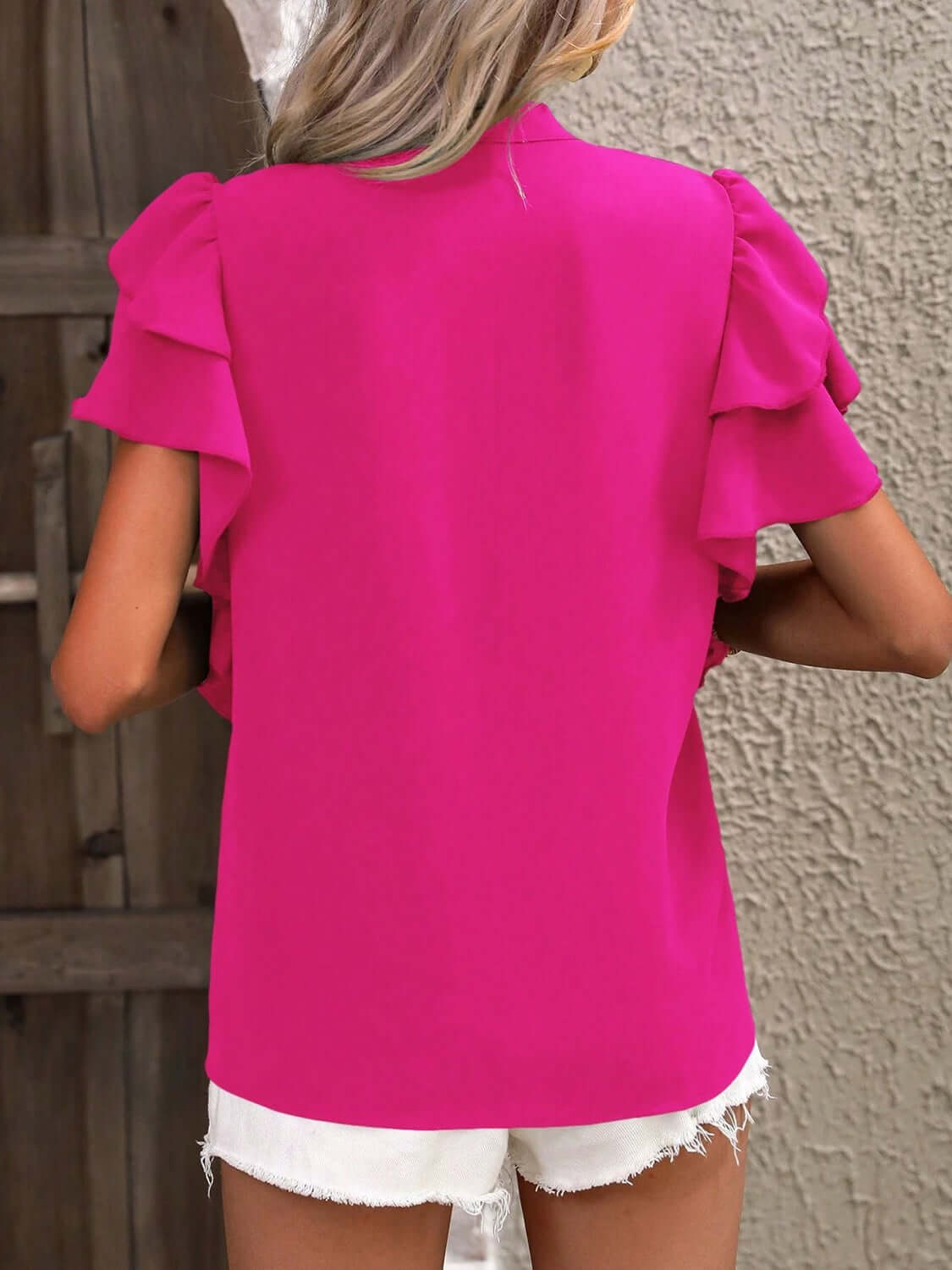 Ruffled Notched Short Sleeve Blouse - TayDiane