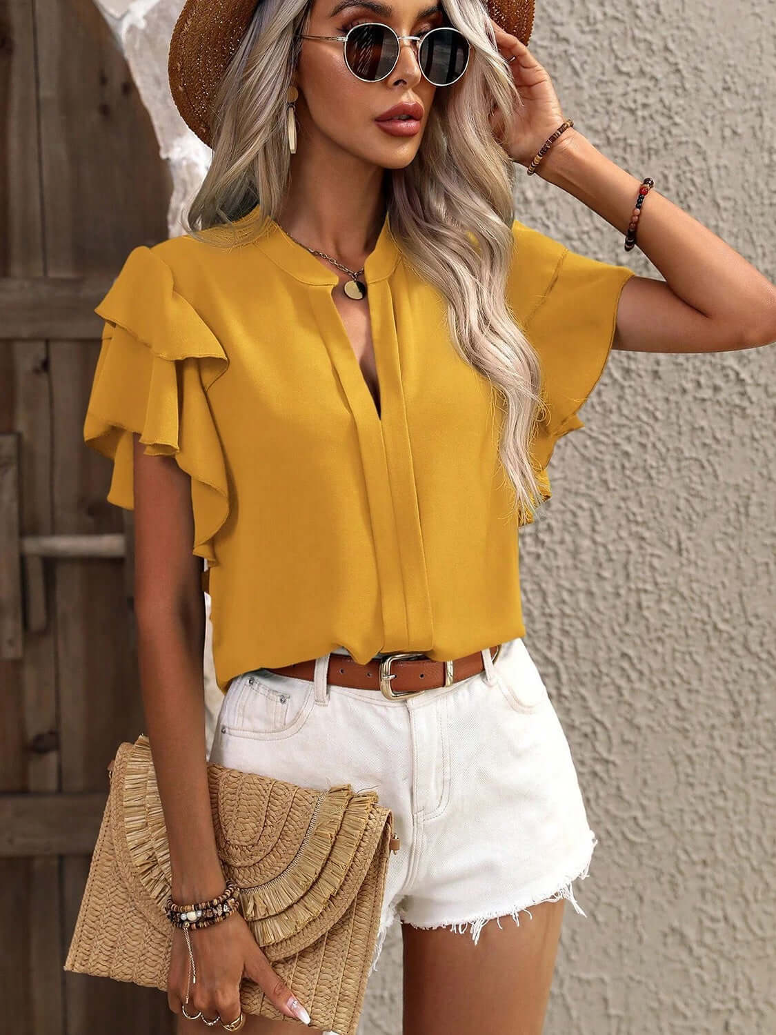 Ruffled Notched Short Sleeve Blouse - TayDiane