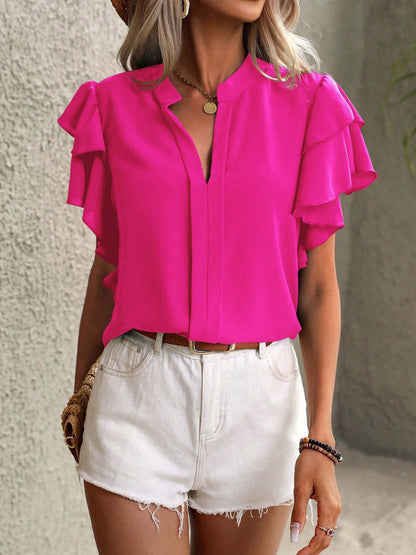 Ruffled Notched Short Sleeve Blouse - TayDiane