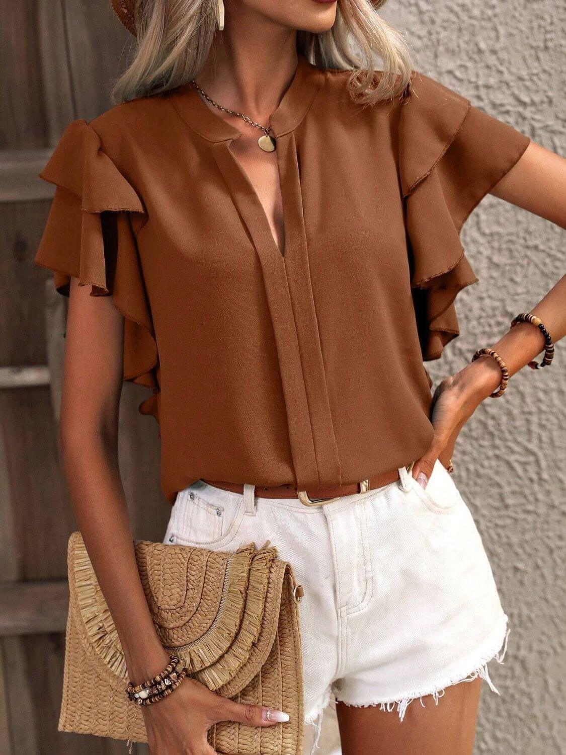 Ruffled Notched Short Sleeve Blouse - TayDiane