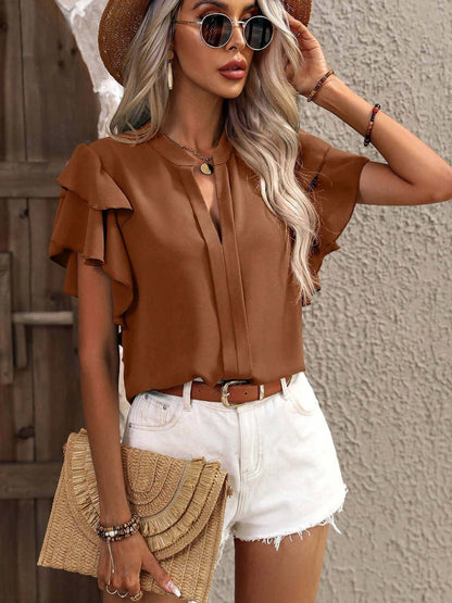 Ruffled Notched Short Sleeve Blouse - TayDiane