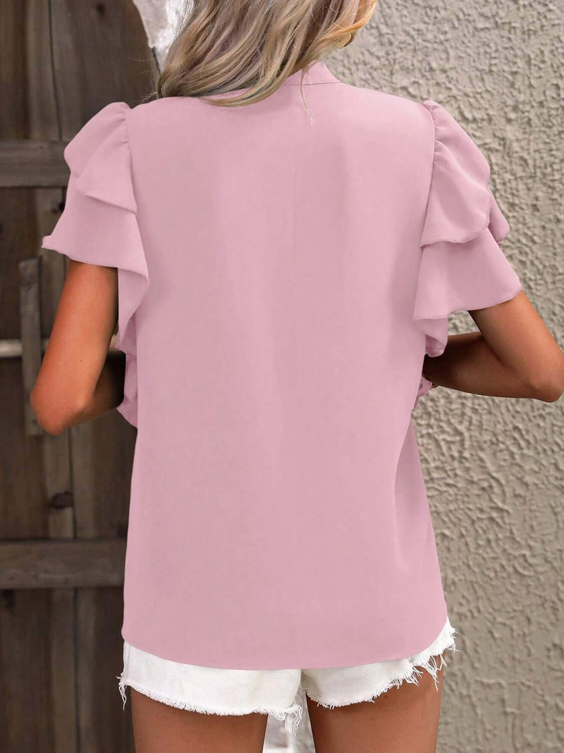 Ruffled Notched Short Sleeve Blouse - TayDiane