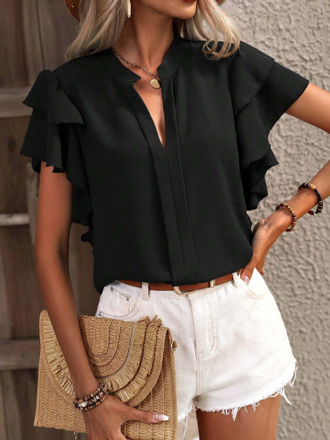 Ruffled Notched Short Sleeve Blouse - TayDiane