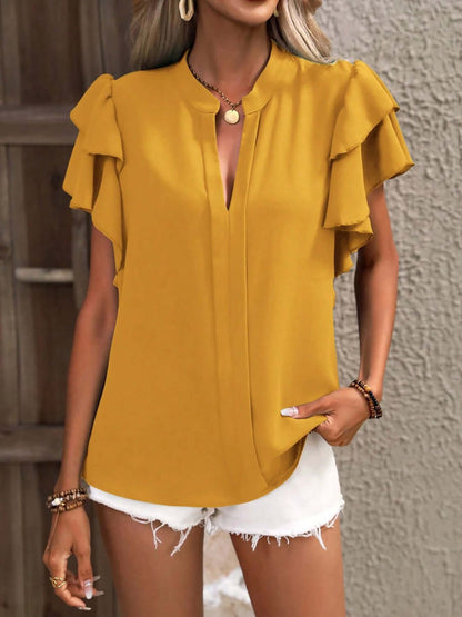 Ruffled Notched Short Sleeve Blouse - TayDiane