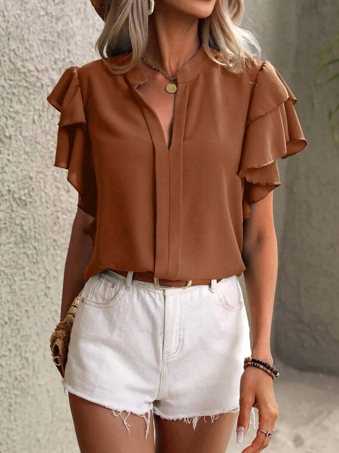 Ruffled Notched Short Sleeve Blouse - TayDiane