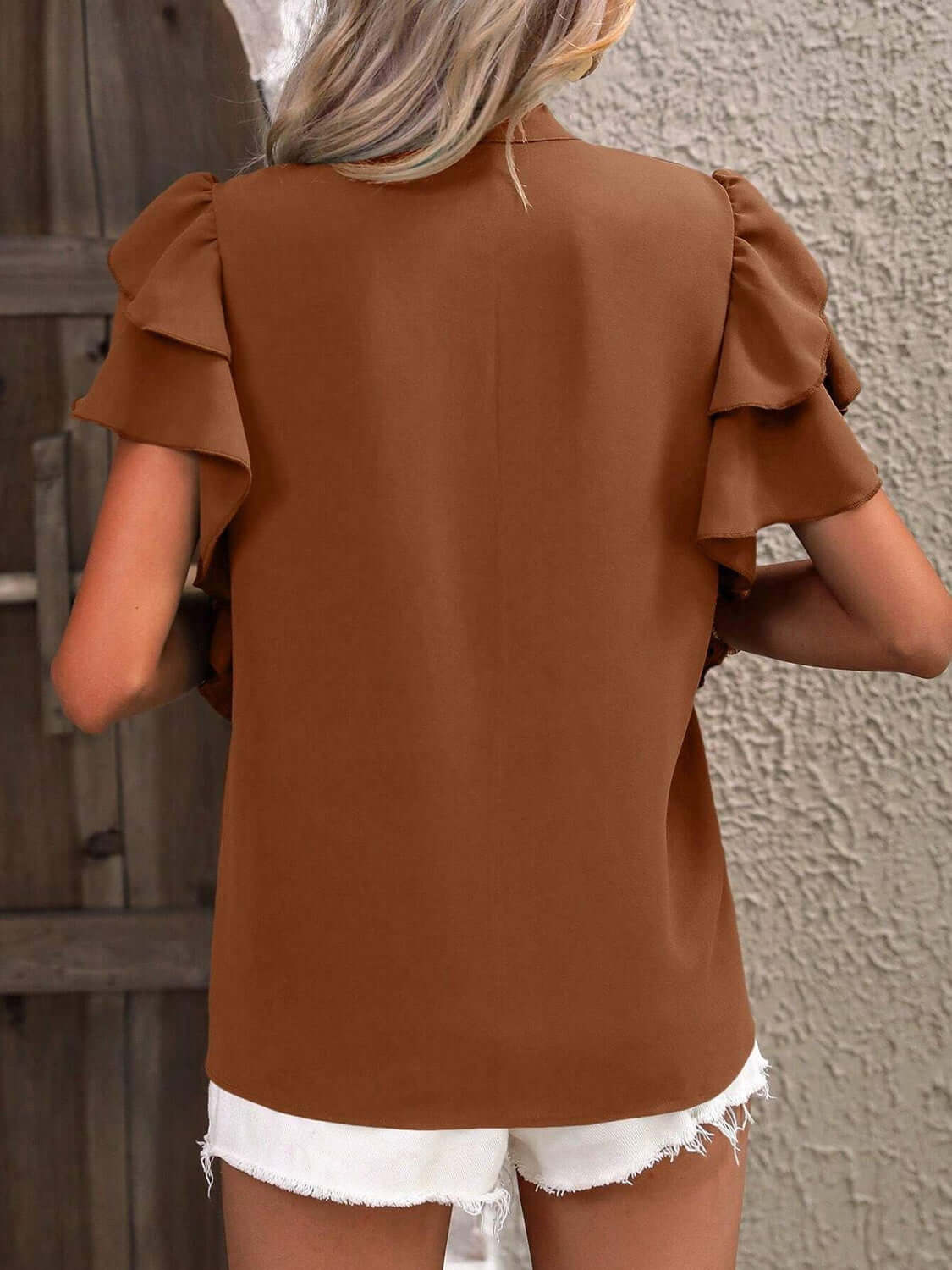 Ruffled Notched Short Sleeve Blouse - TayDiane