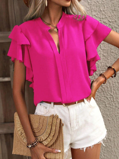 Ruffled Notched Short Sleeve Blouse - TayDiane