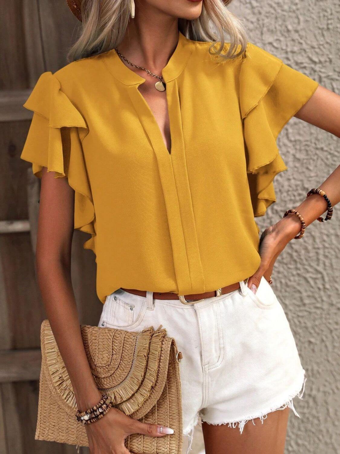 Ruffled Notched Short Sleeve Blouse - TayDiane