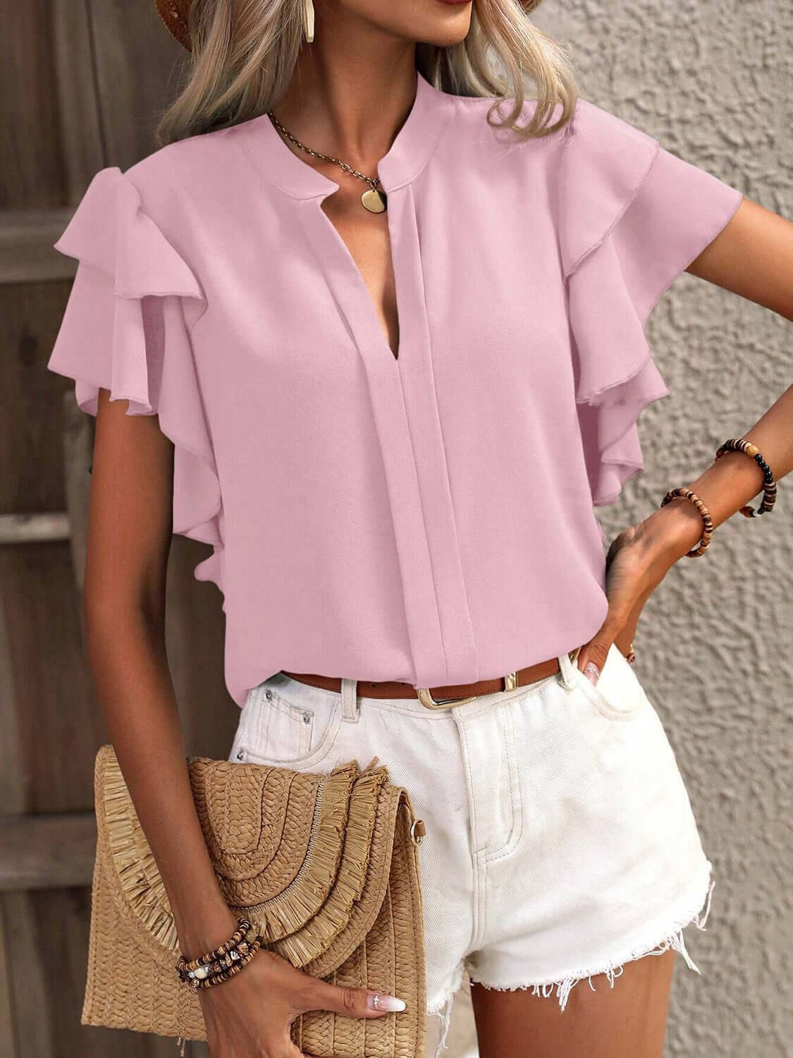 Ruffled Notched Short Sleeve Blouse - TayDiane