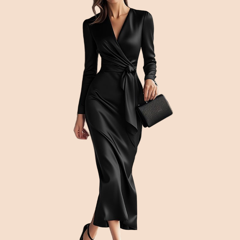 Satin Wrap Waist Midi Dress - TayDiane