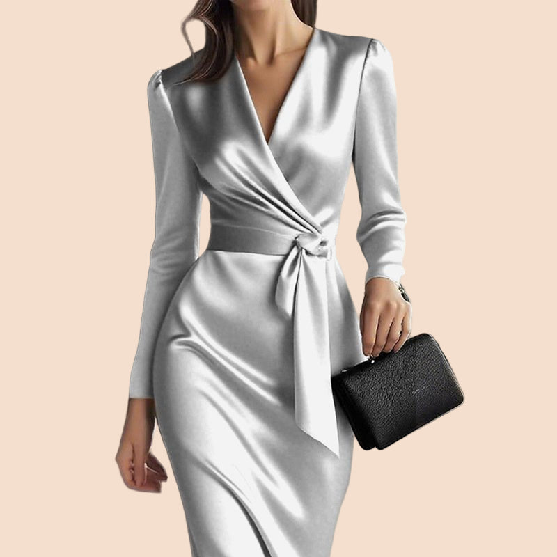 Satin Wrap Waist Midi Dress - TayDiane